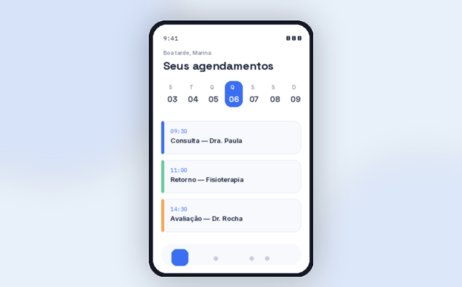 Interface mobile de aplicativo de agendamentos, com paleta azul suave e branco