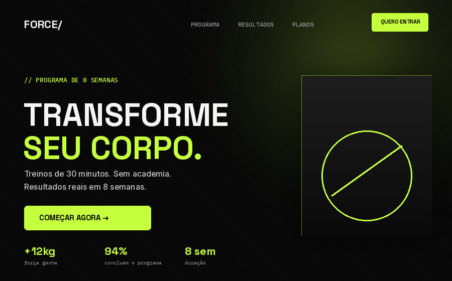 Landing page de lançamento de produto fitness, com paleta preto e verde-limão